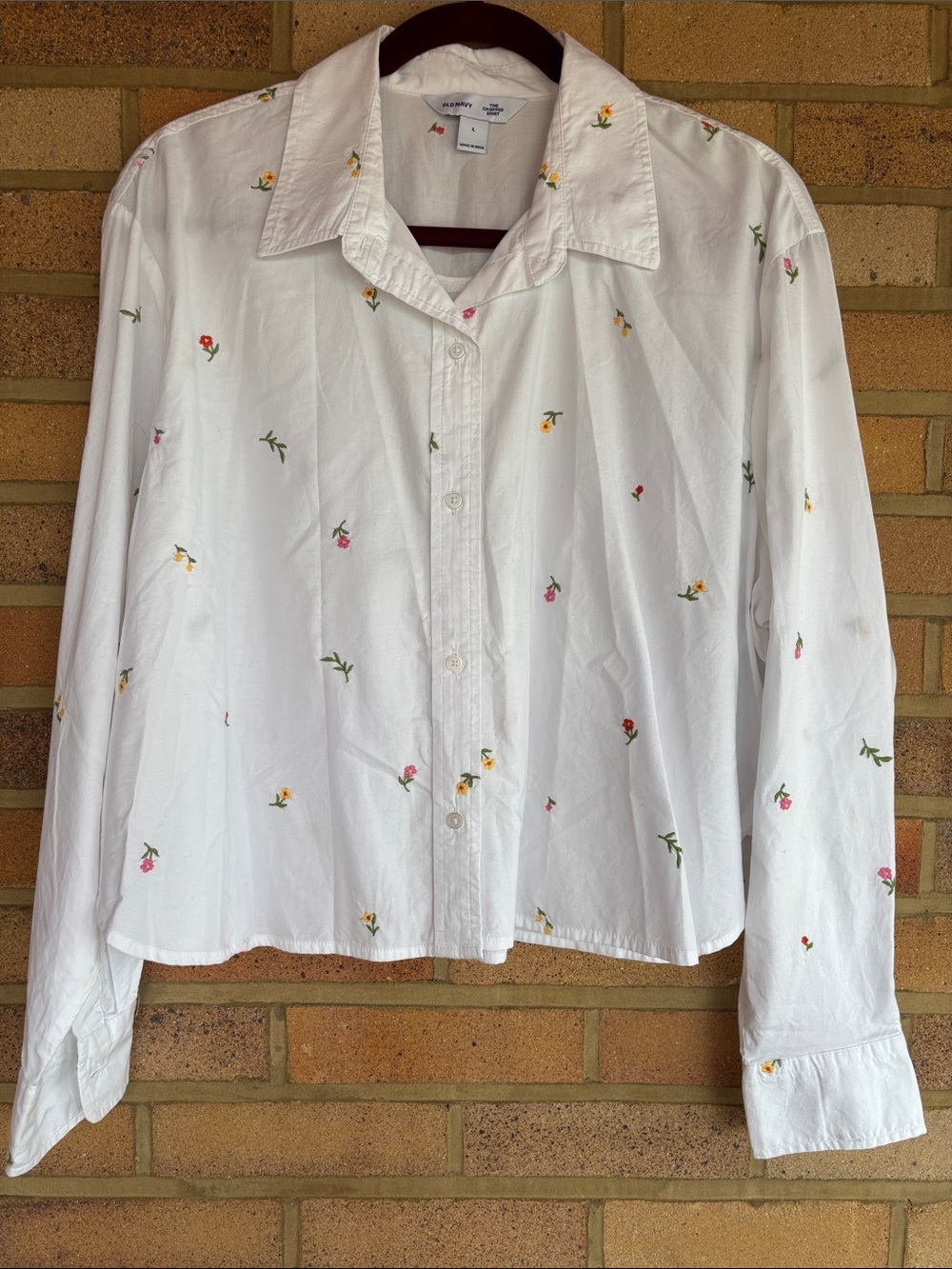 Old Navy Cropped Button Down Cotton Shirt Embroidered Ditzy Floral L